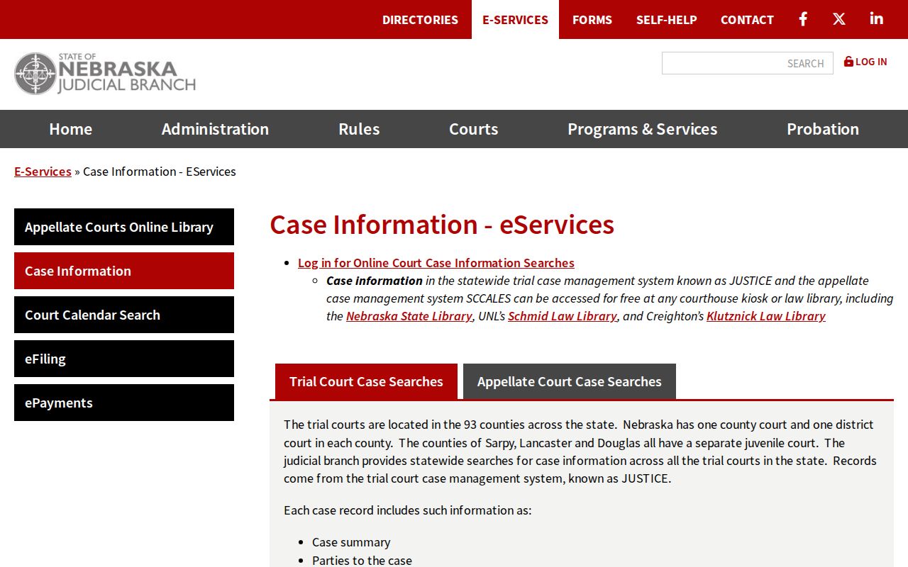 Gage County criminal court case access through Nebraska JUSTICE
