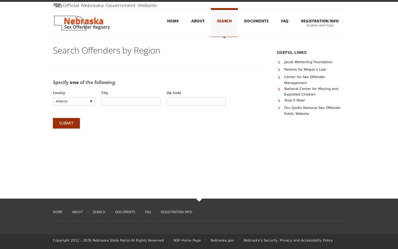 Gage County sex offender registry region search